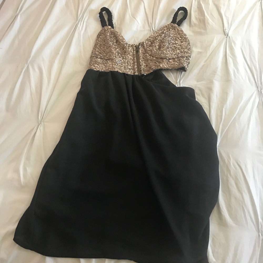 Asymmetric Black & Gold Mini Dress, Size S